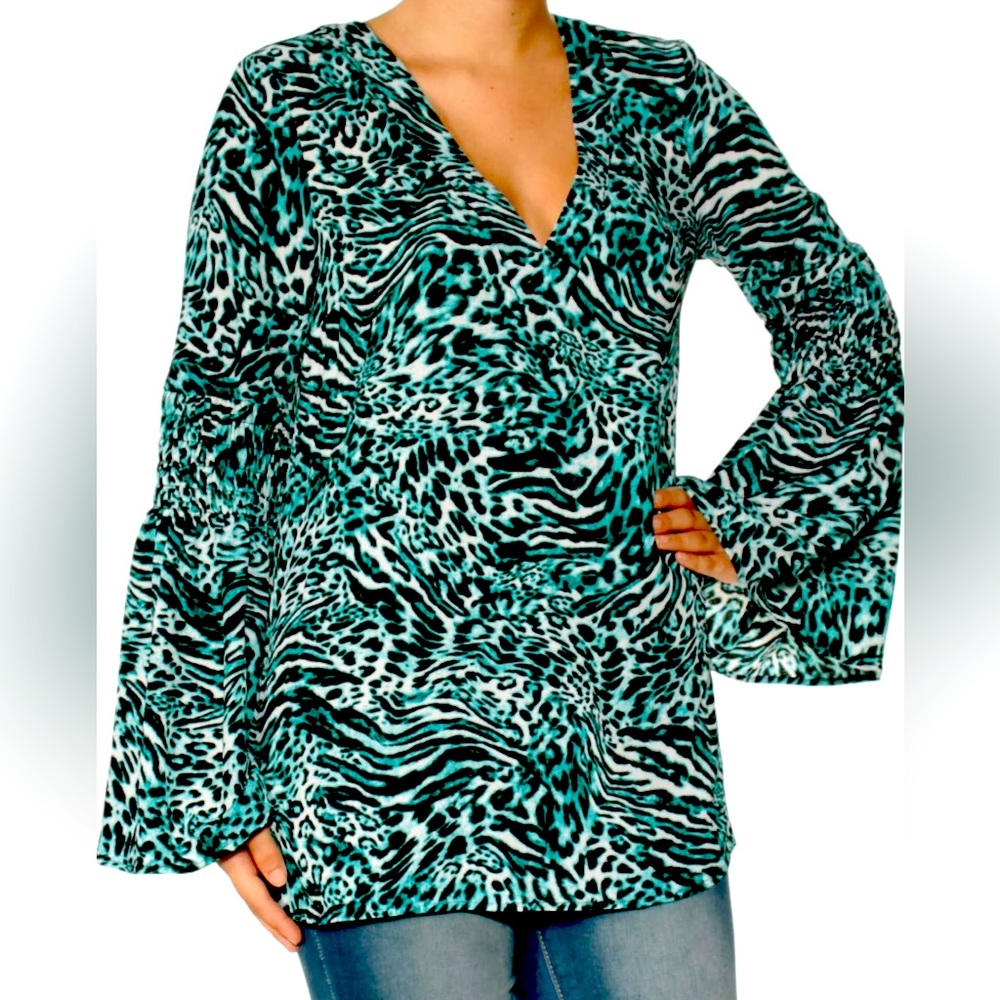 Michael Kors V Neck Tunic blue black Animal Print Pretty Sleeves Blouse, Sz L